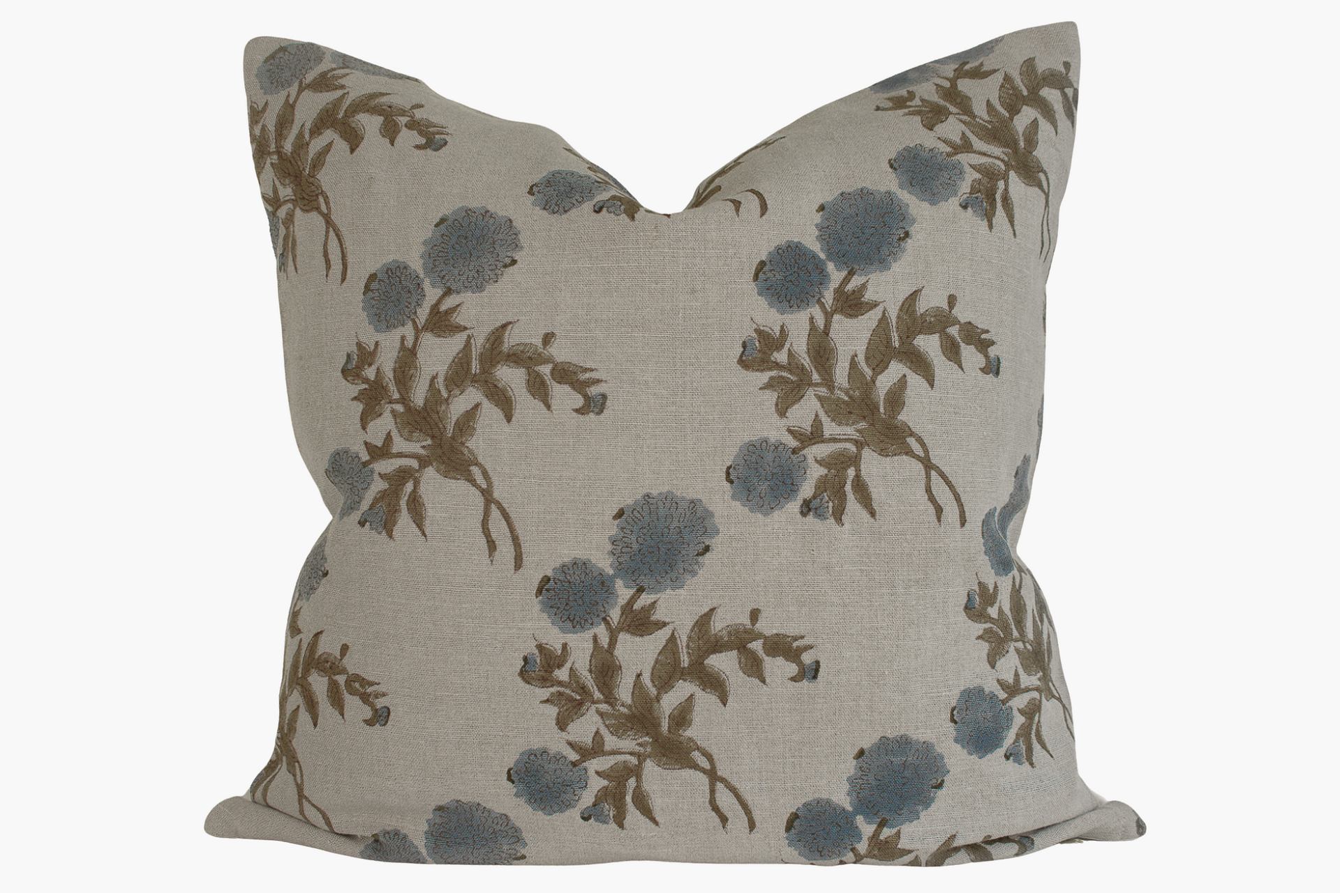 Indian Block Print Pillow Cover - Natural, Mushroom, Flax, Slate Blue, Olive Brown Floral