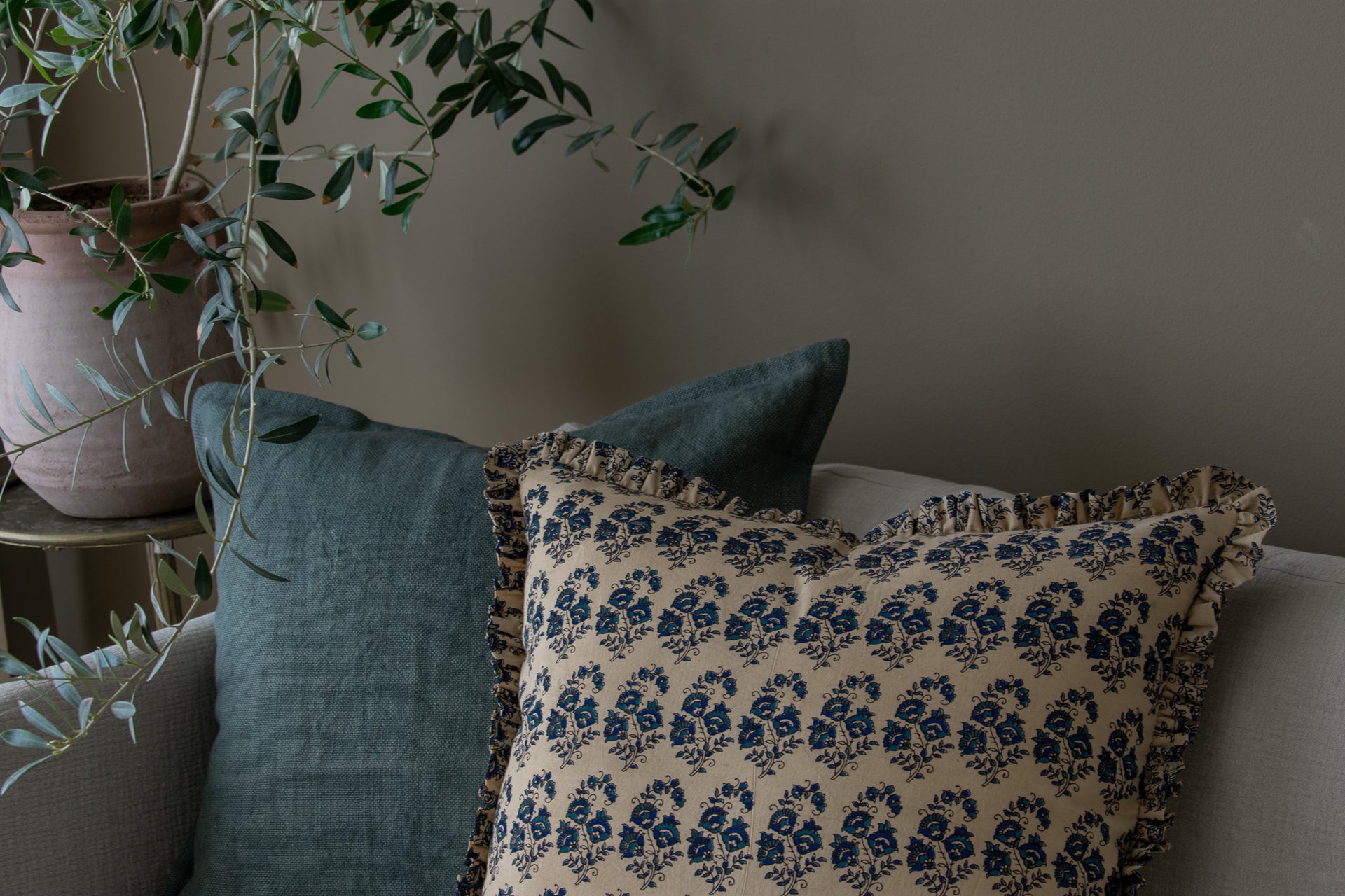 Ruffle Edge Indian Block Print Pillow Cover - Sandy Beige and Indigo