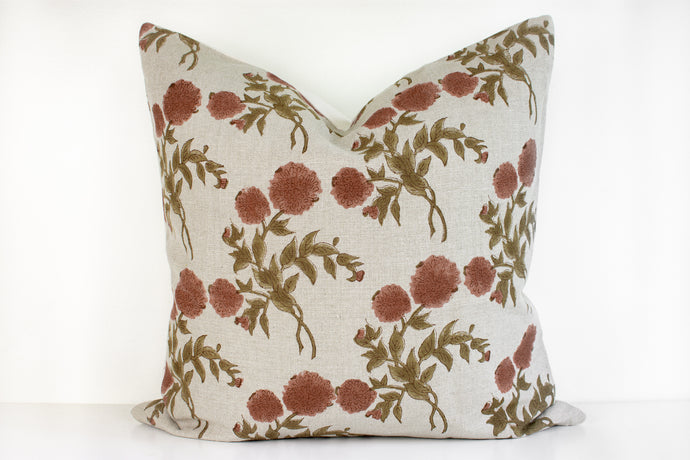 Indian Block Print Pillow Cover - Natural, Rust, Olive Brown Floral