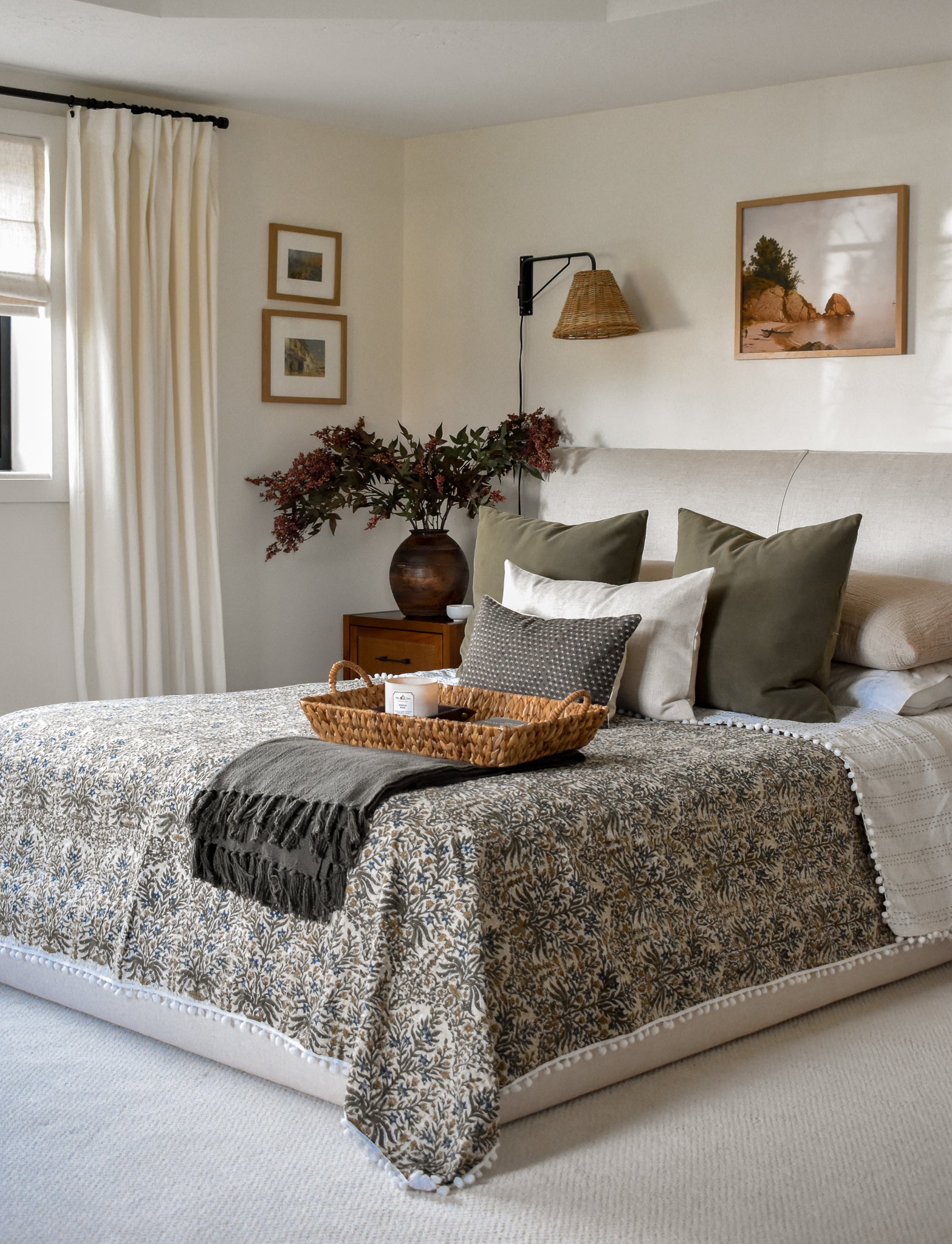 Lucy Pom Pom Kantha Quilt in Beige, Olive, Ochre and Indigo - King/Queen Sized