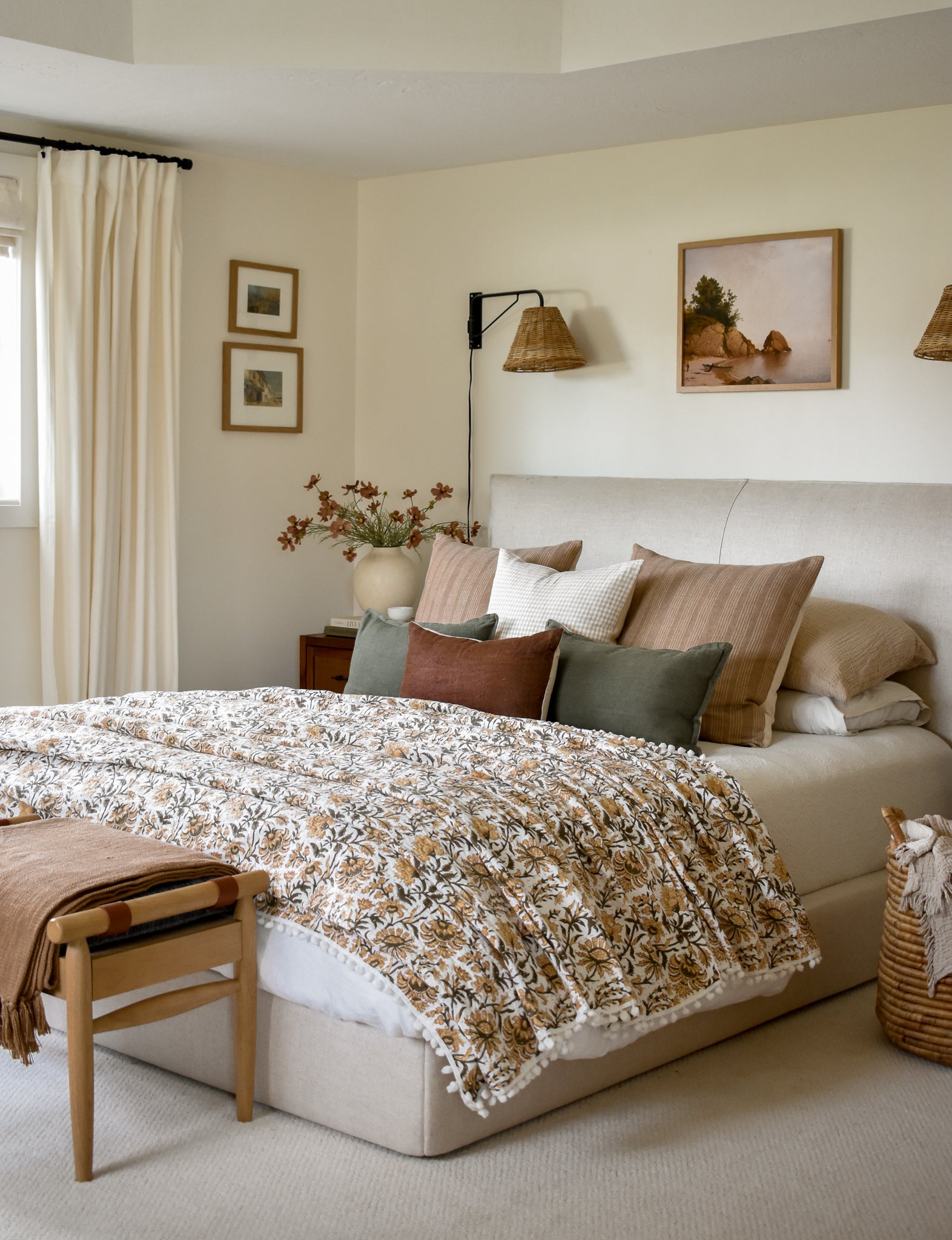 Ella Pom Pom Kantha Quilt in Olive, Tan and Faded Gold - King/Queen Sized