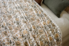Ella Pom Pom Kantha Quilt in Olive, Tan and Faded Gold - King/Queen Sized