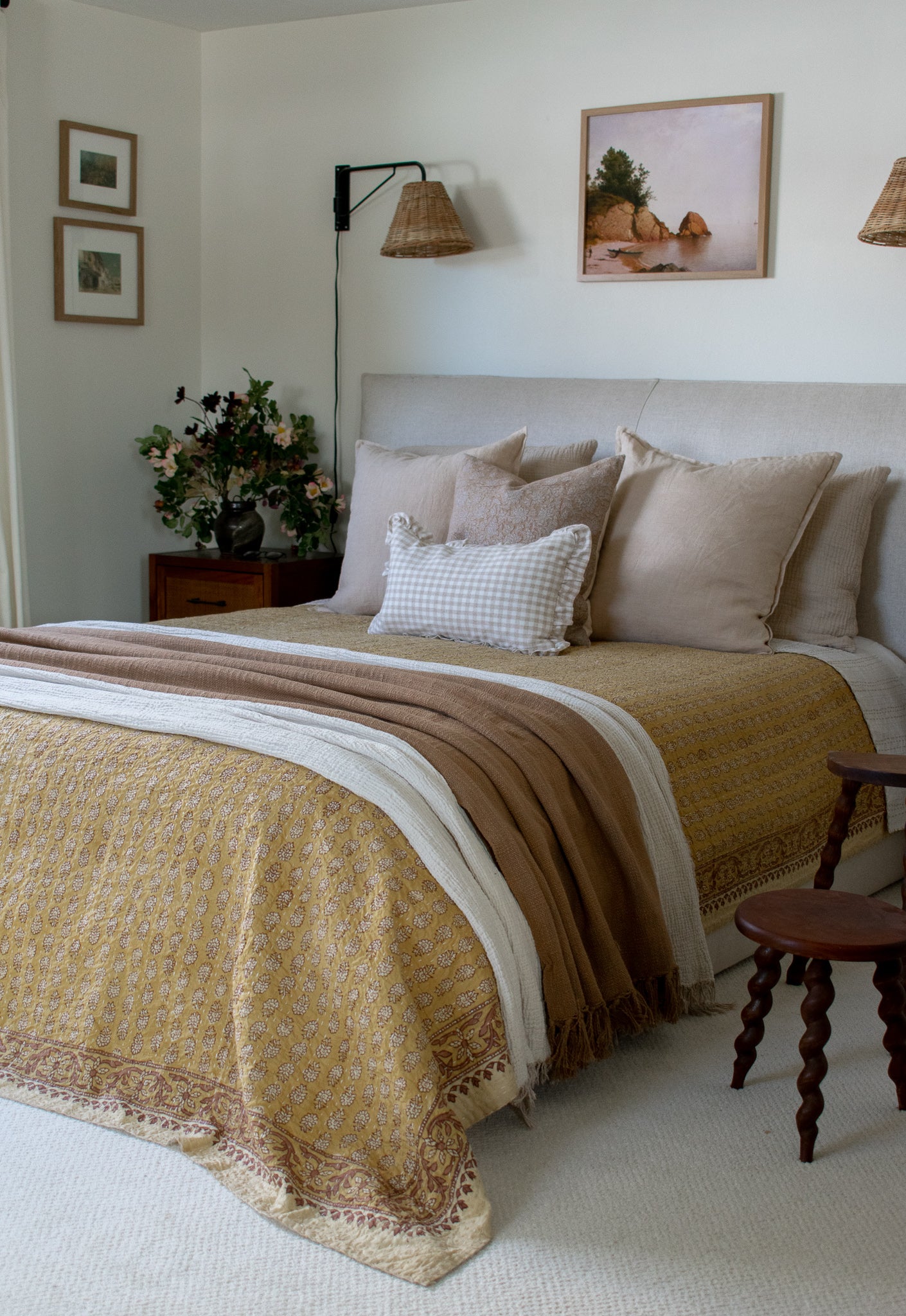 Poppy Kantha Quilt in Saffron, Tan, Earth -  King/Queen Sized