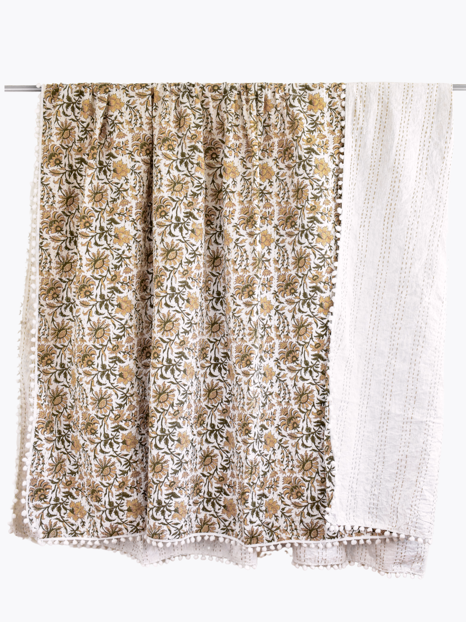 Ella Pom Pom Kantha Quilt in Olive, Tan and Faded Gold - King/Queen Sized