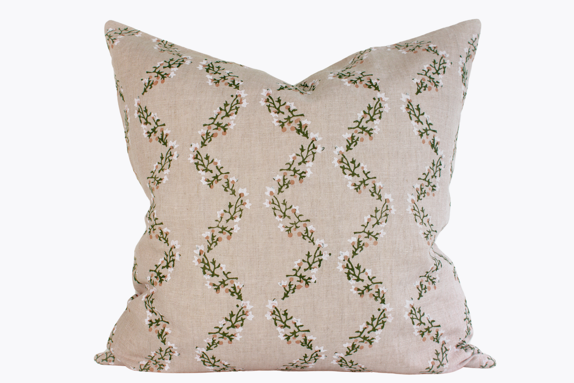 Indian Block Print Pillow Cover - Faded Blush, Olive, Ivory Scalloped Florals