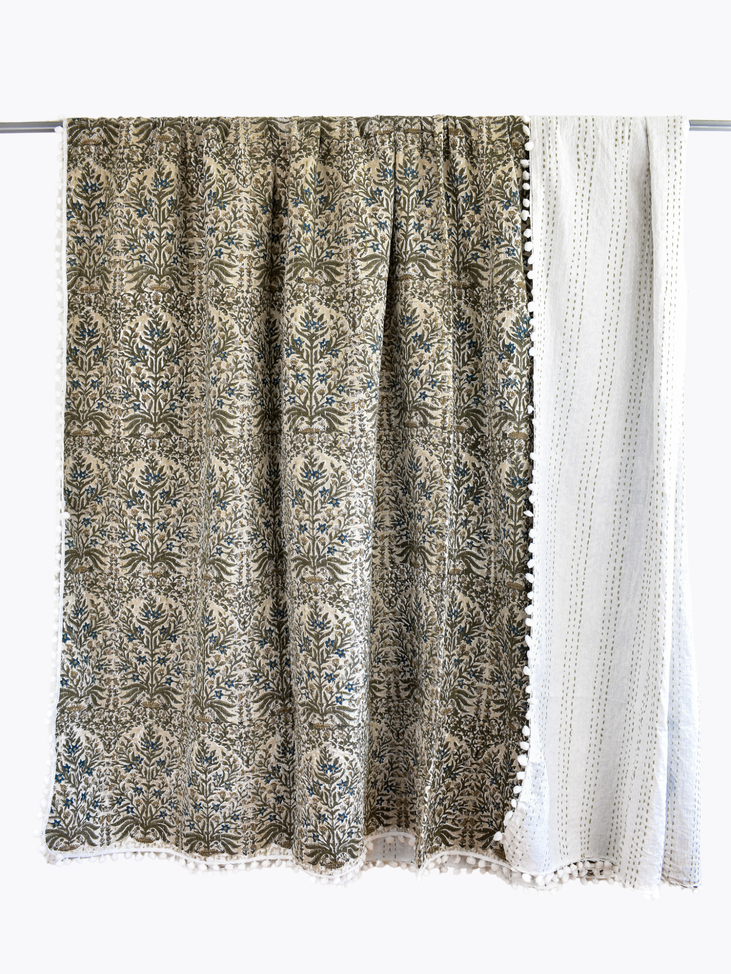 Lucy Pom Pom Kantha Quilt in Beige, Olive, Ochre and Indigo - King/Queen Sized