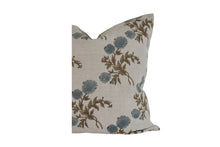 Indian Block Print Pillow Cover - Natural, Flax, Slate Blue, Olive Brown Floral