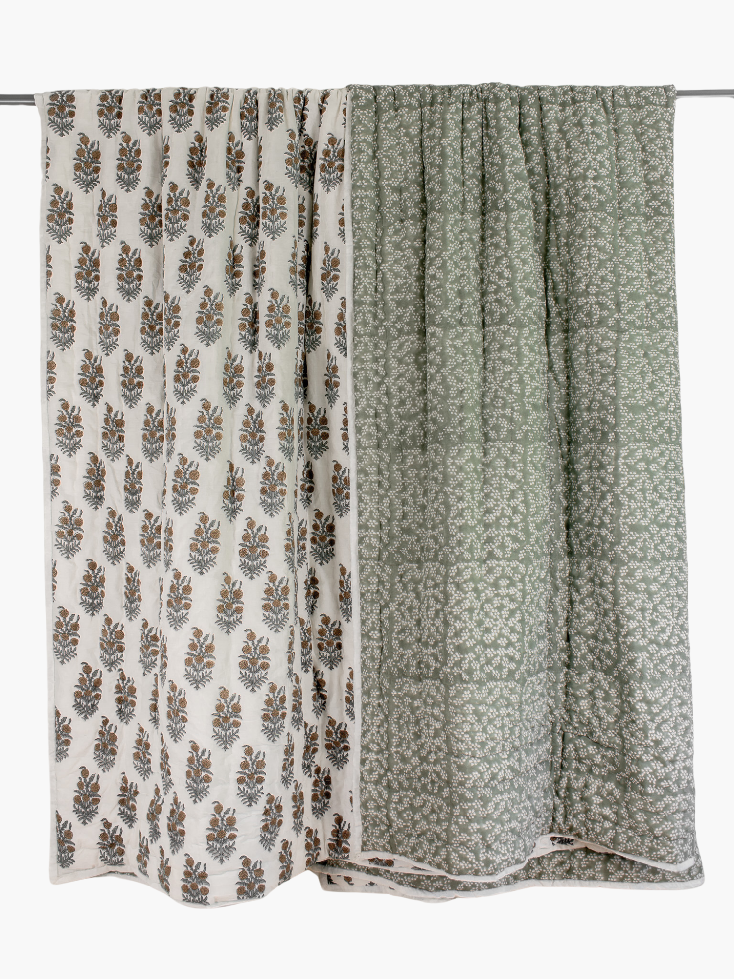 PRE-ORDER Kimberly Double Sided Block Print Padded Quilt in Sage -  King/Queen Sized