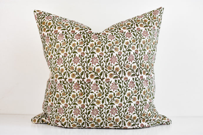 Indian Block Print Pillow Cover - Olive, Ochre, Dusty Rose