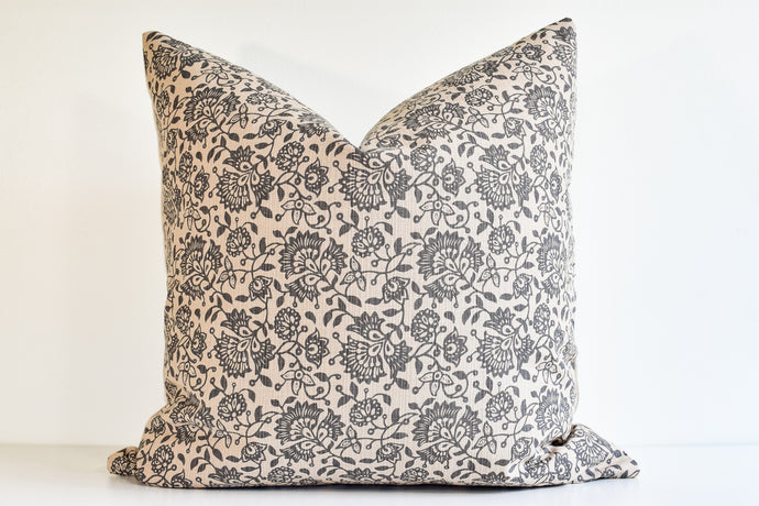 Hmong Floral Block Print Pillow Cover - Cream and Pewter