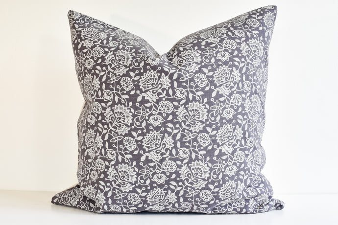 Hmong Floral Block Print Pillow Cover - Pewter