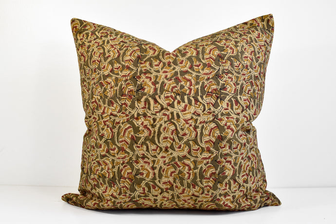 Indian Block Print Pillow Cover - Olive, Ochre, Rose