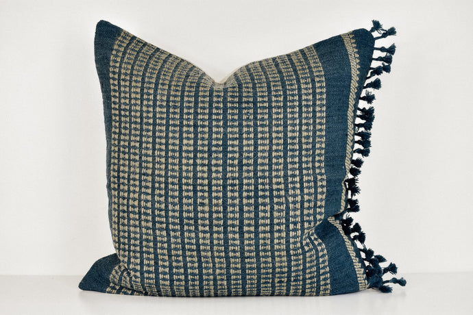Indian Woven Pillow Cover - Deep Indigo and Beige