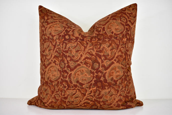 Indian Block Print Pillow Cover - Deep Rust and Olive