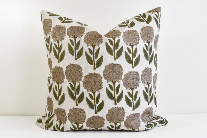 Indian Block Print Pillow Cover - Taupe and Olive Floral