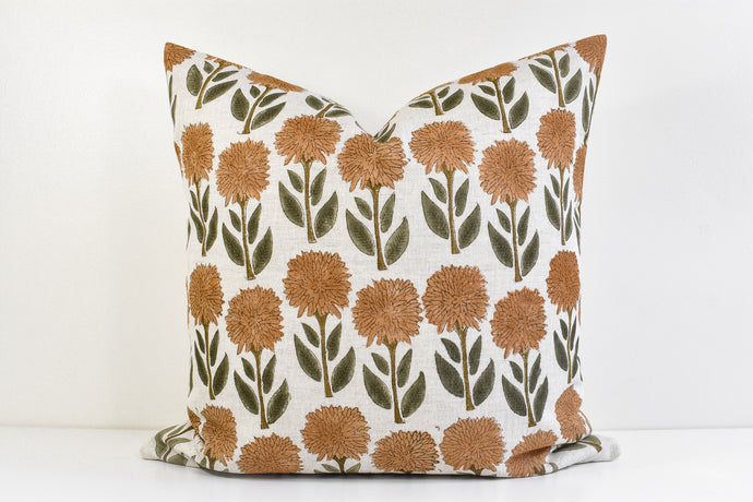 Indian Block Print Pillow Cover - Faded Peach and Olive Floral