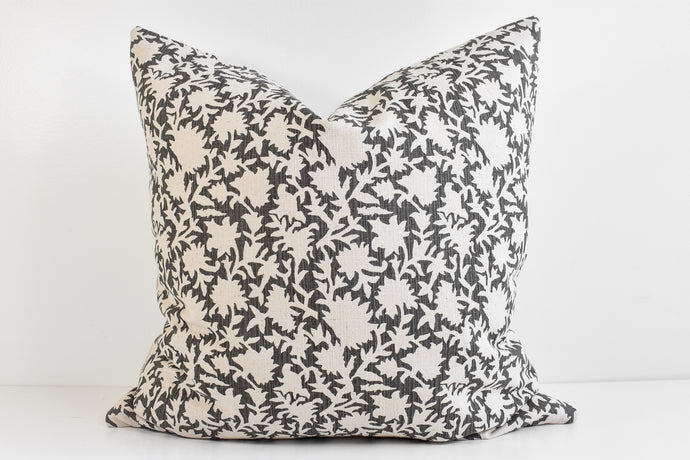 Hmong Floral Block Print Pillow Cover - Charcoal and Ivory