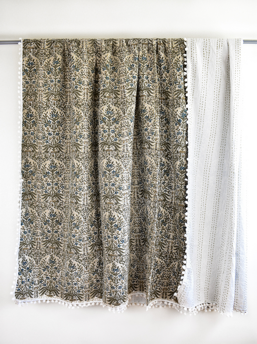 Lucy Pom Pom Kantha Quilt in Beige, Olive, Ochre and Indigo - King/Queen Sized