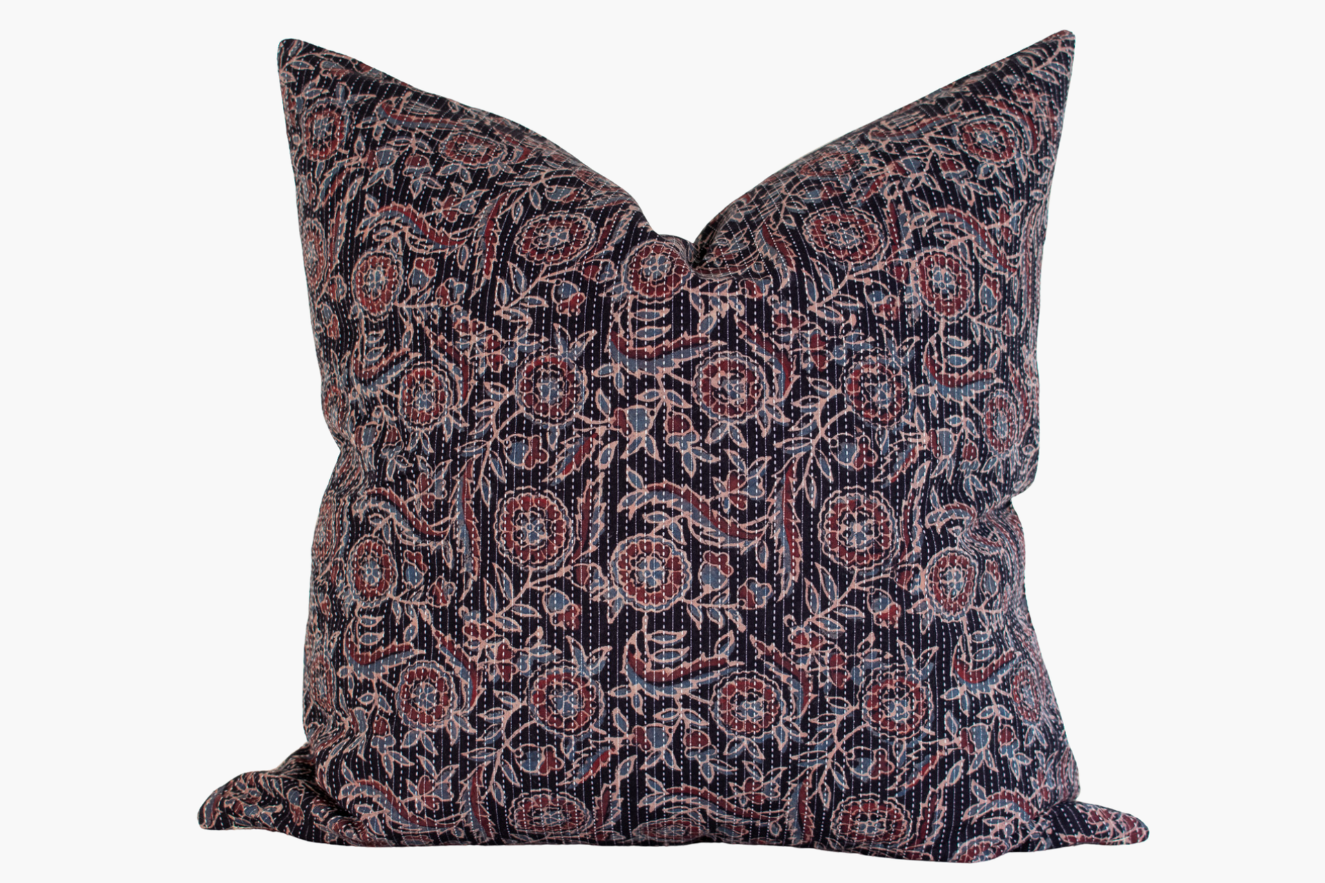 Vintage Indian Block Print Pillow Cover - Indigo, Slate Blue, Burgundy