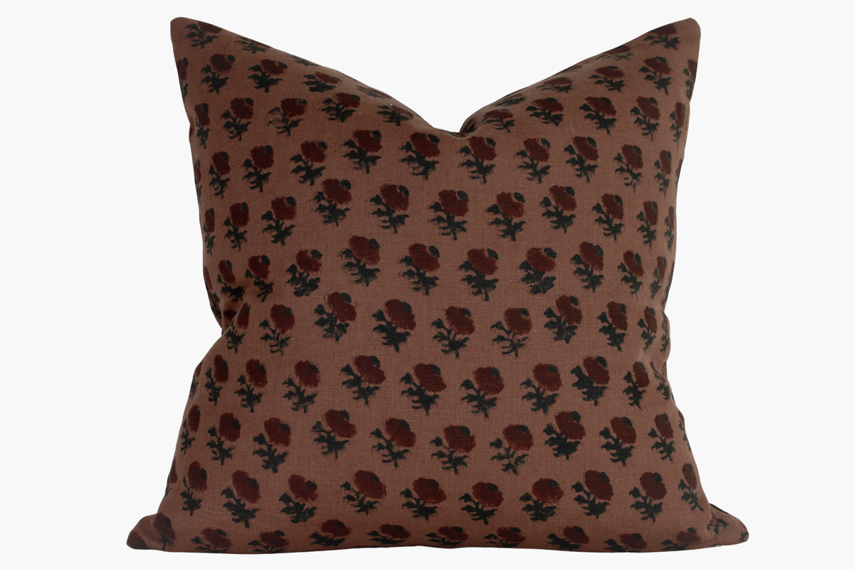 Kira Indian Block Print Pillow Cover - Copper Brown and Charcoal