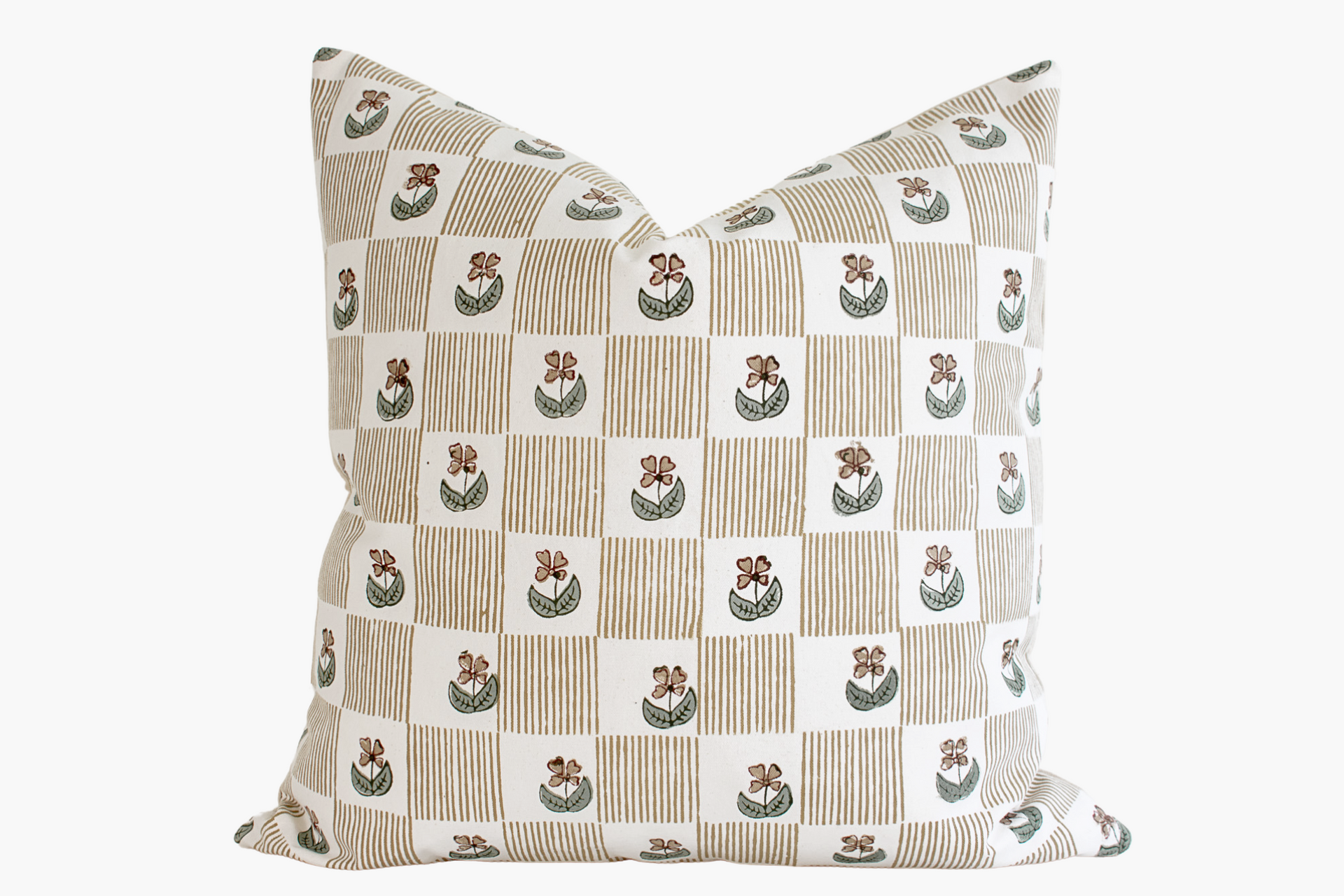 Cindy Indian Block Print Pillow Cover - Floral and Stripe Checker