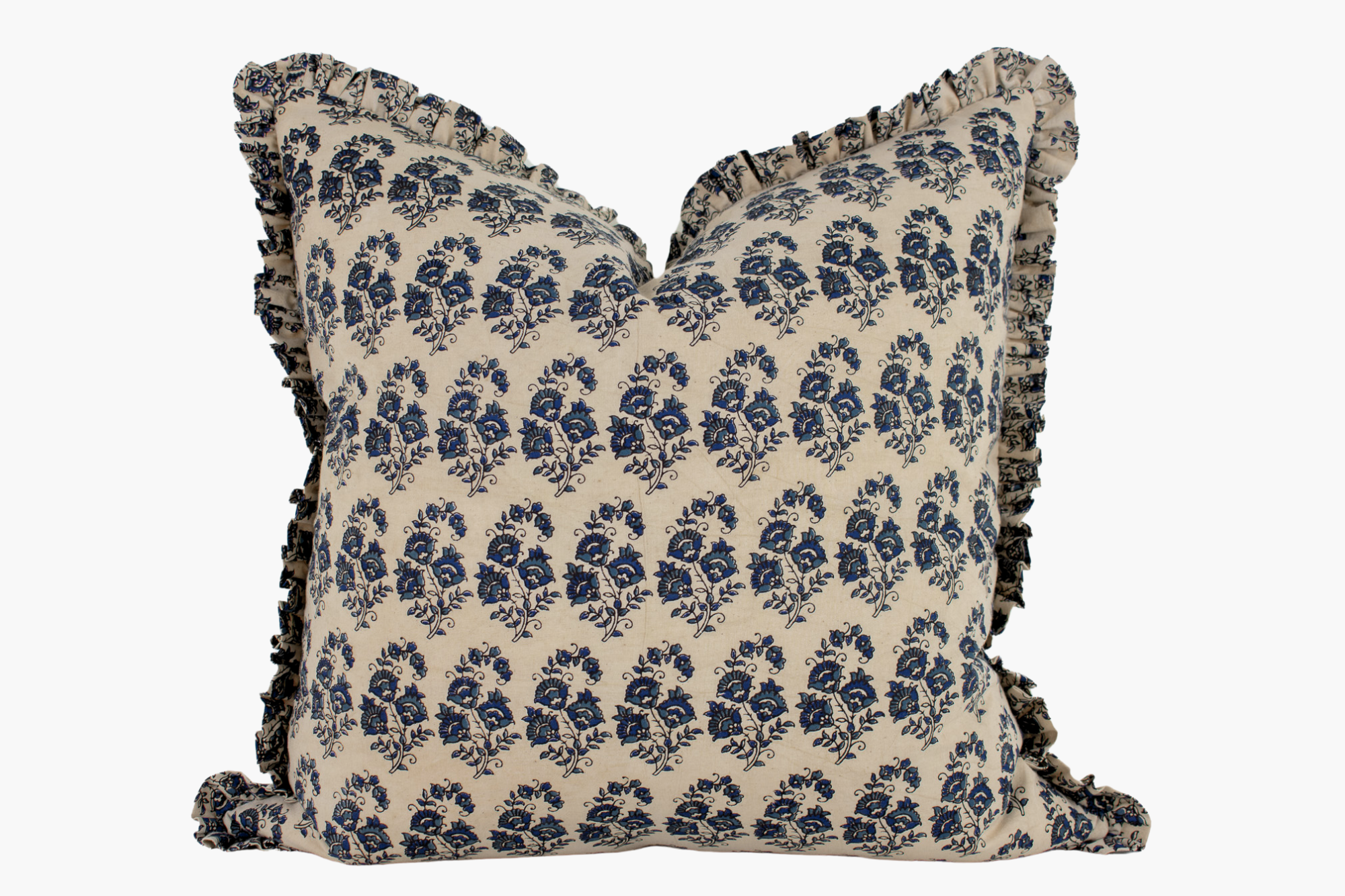 Ruffle Edge Indian Block Print Pillow Cover - Sandy Beige and Indigo