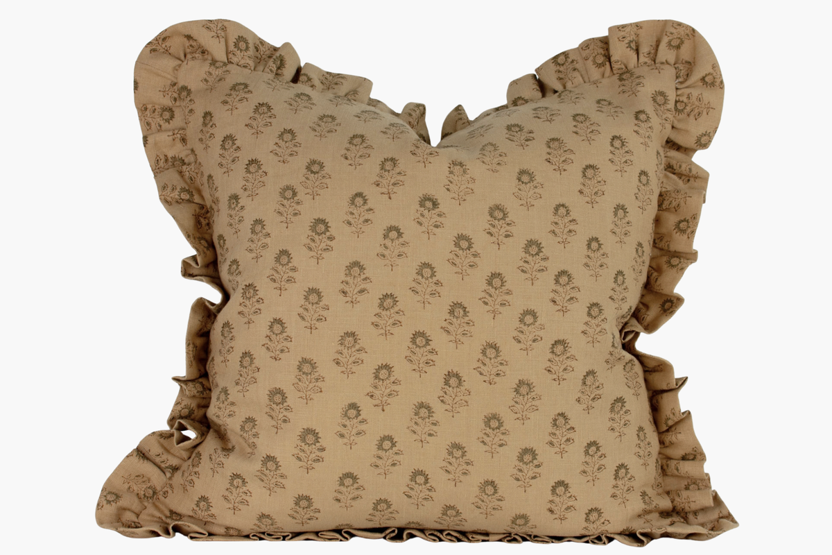 Dolly Indian Block Print Ruffle Pillow Cover - Camel and Sage