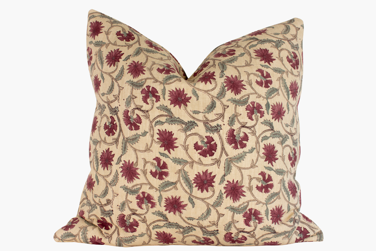 Rowan Indian Block Print Pillow Cover - Antique Ivory, Wine, Sage, Mushroom