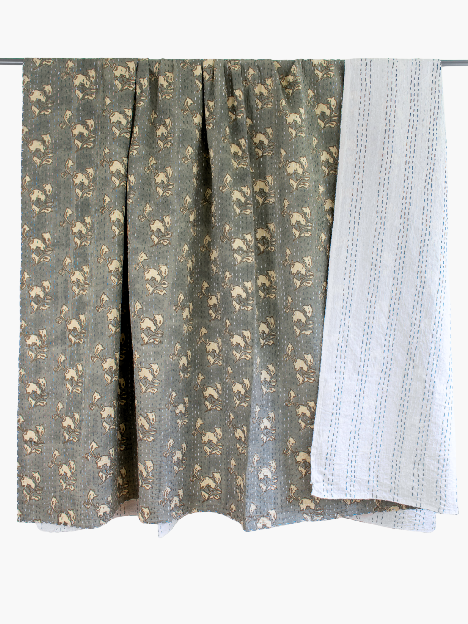 Nora Kantha Quilt in Pewter and Beige - King/Queen Sized