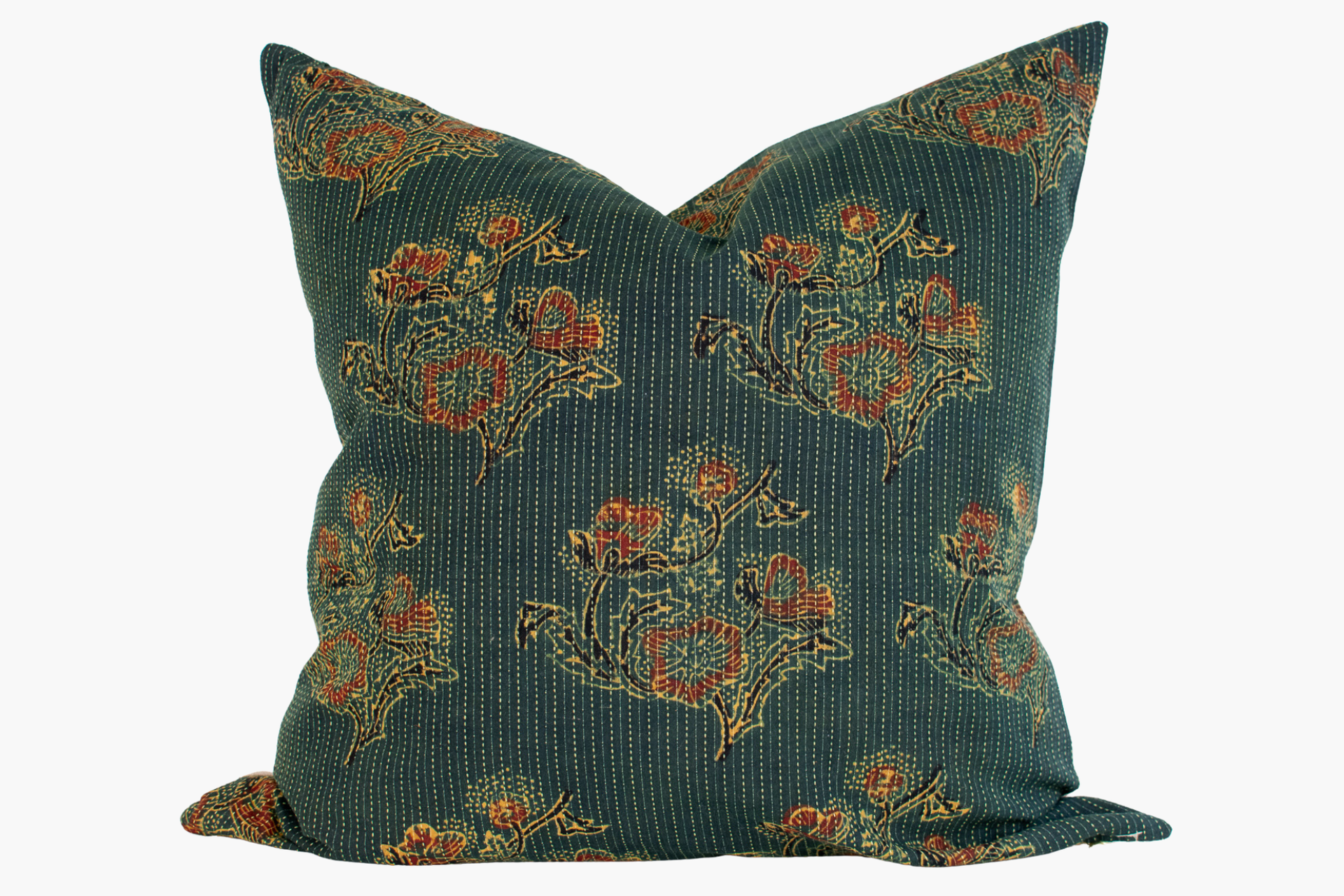 Vintage Indian Block Print Pillow Cover - Deep Forest Green, Rust, Gold