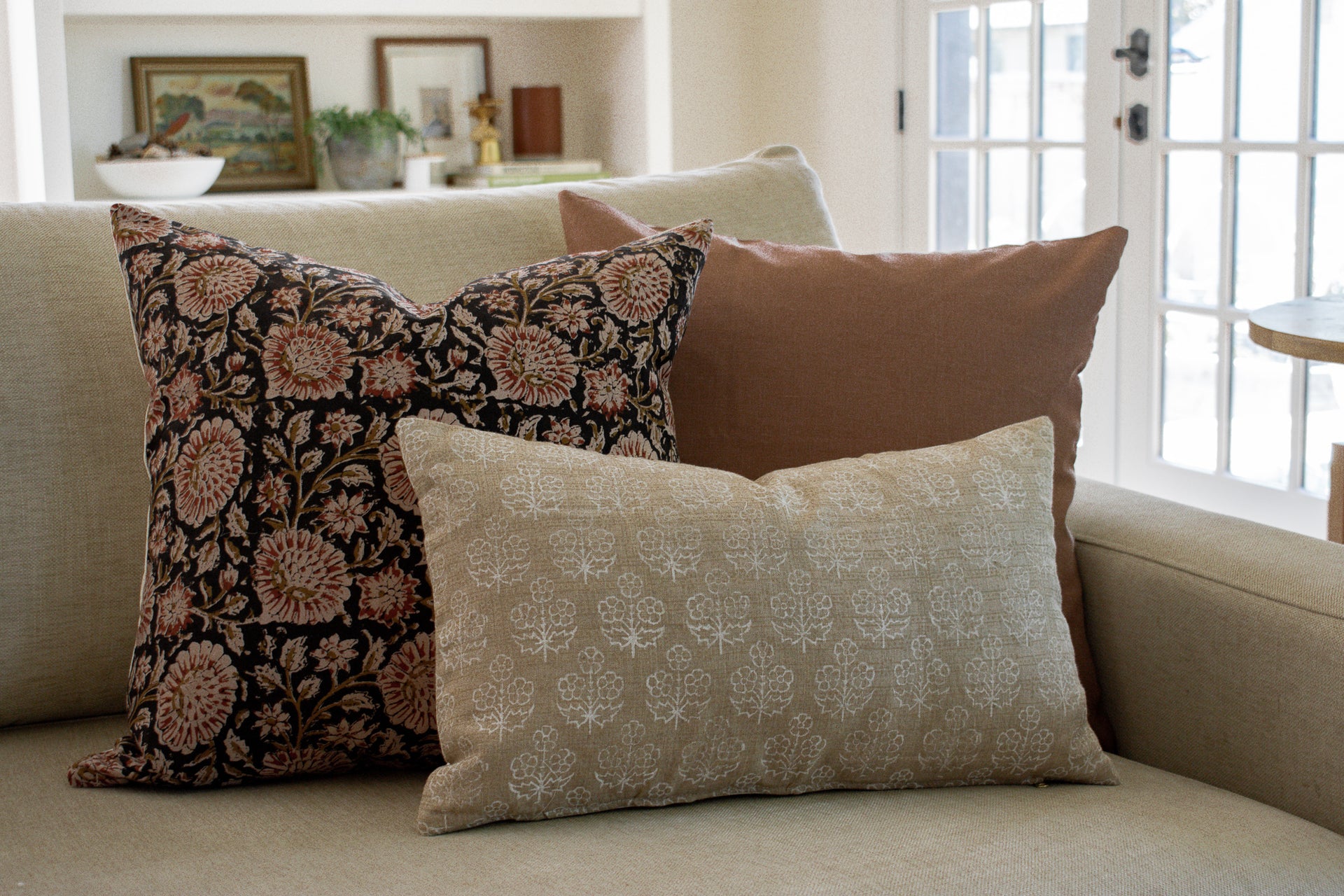 Indian Block Print Pillow Cover - Taupe, Tan, Ivory