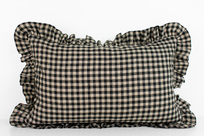 Ruffle Edge Linen Lumbar Pillow - Beige and Black Gingham