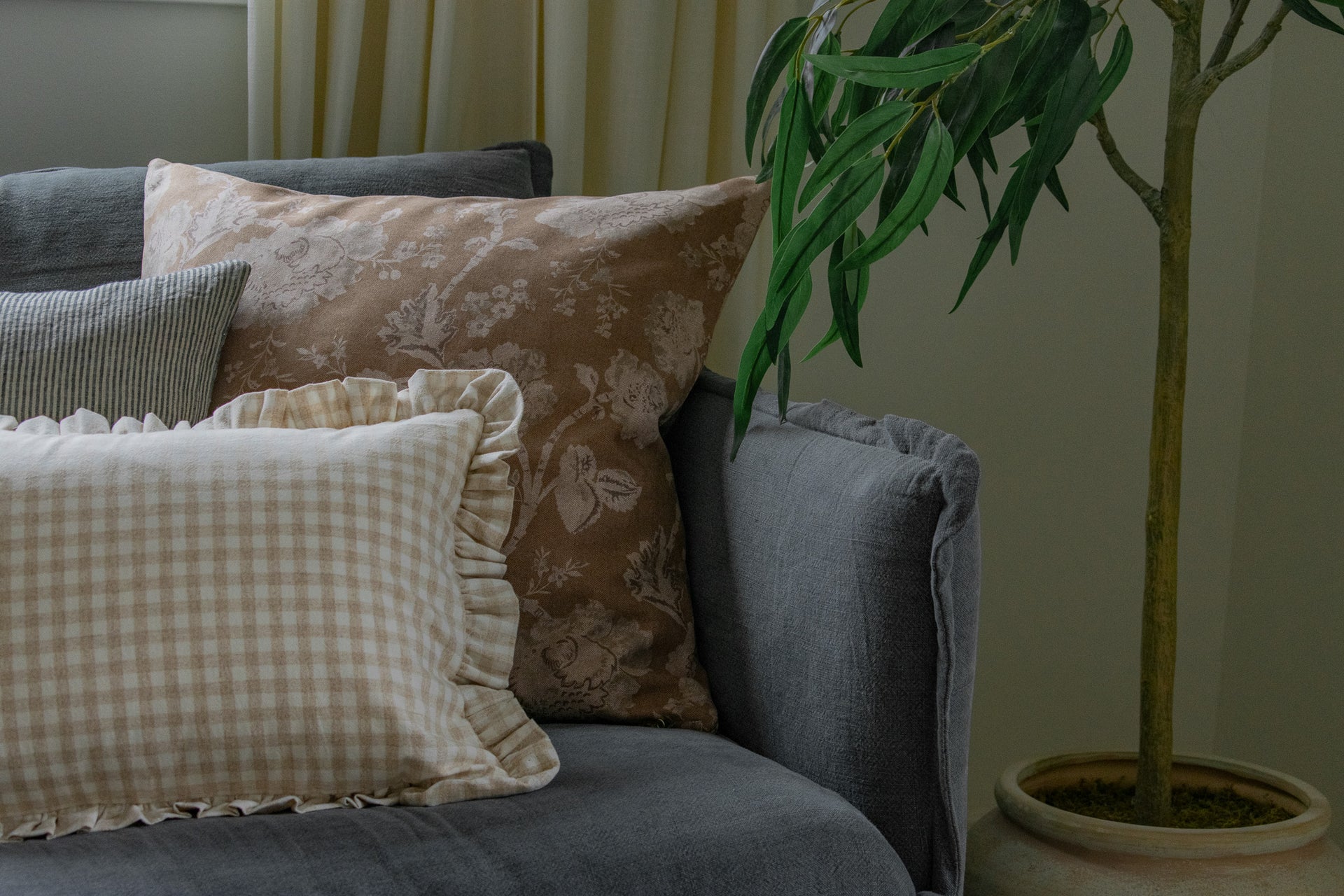Arwen Designer Floral Pillow Cover - Toasted Pecan, Light Taupe, Stone