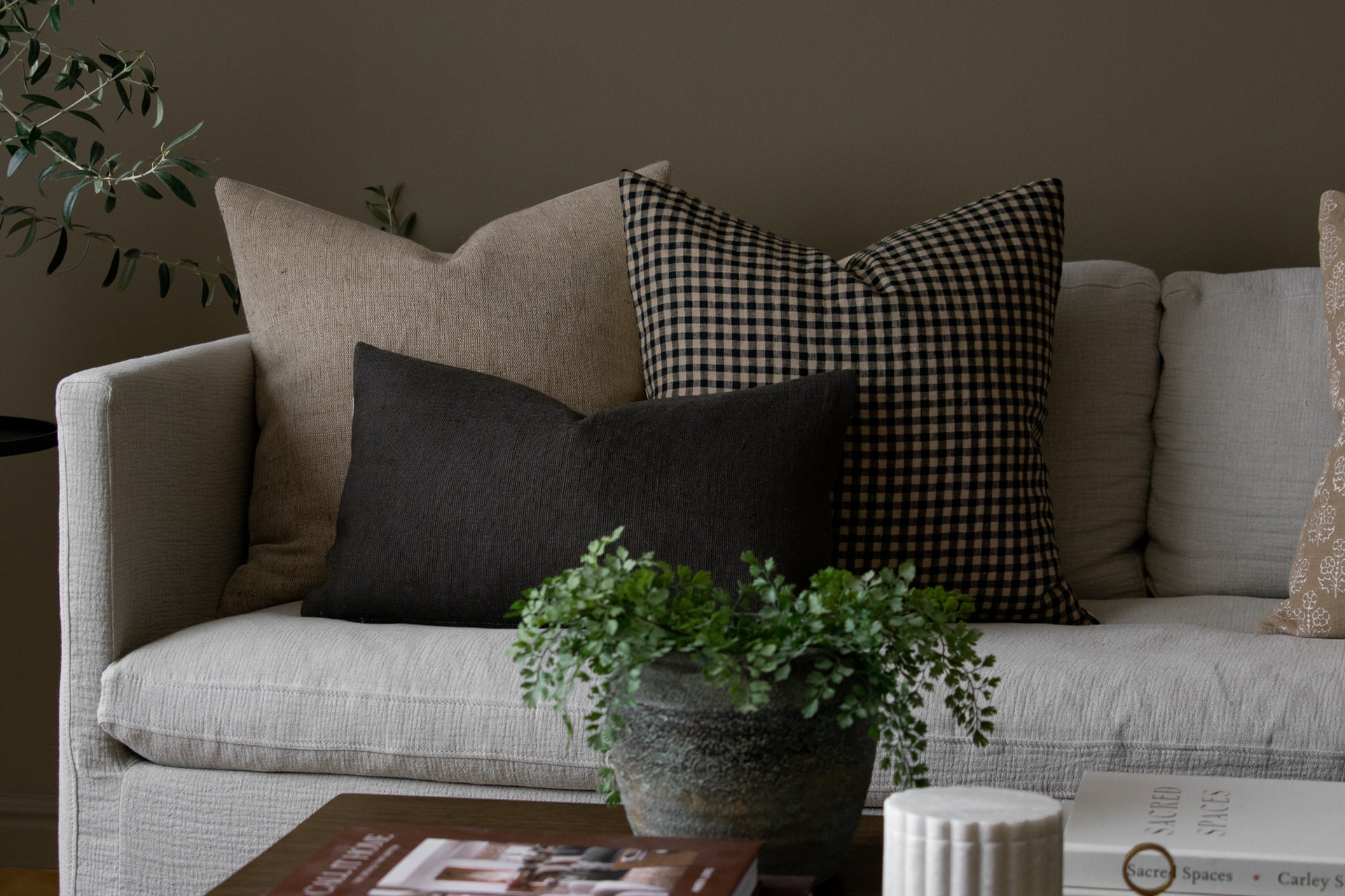 Linen Pillow Cover - Beige and Black Gingham