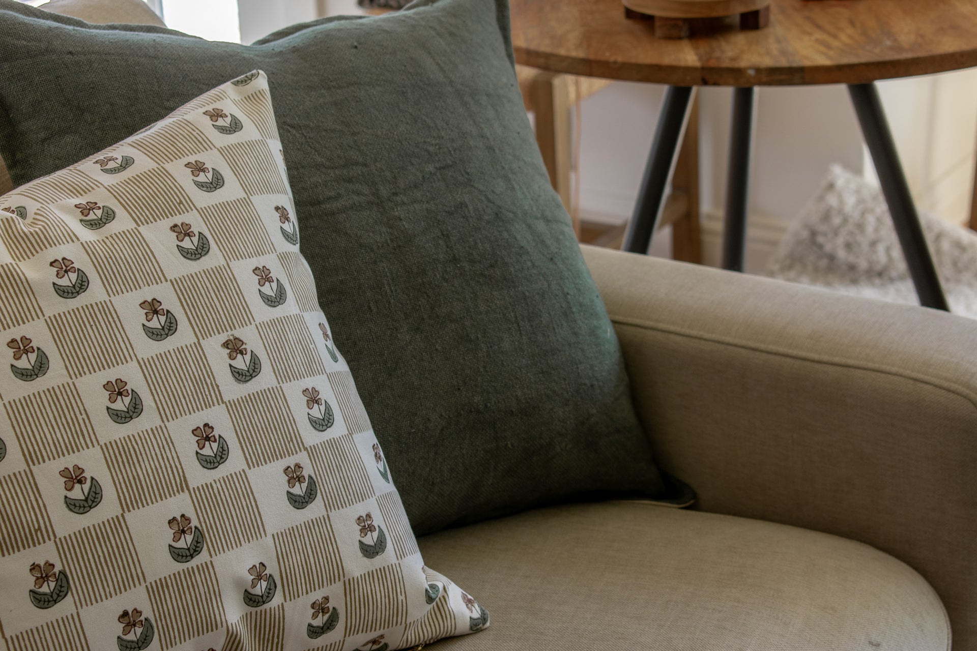 Cindy Indian Block Print Pillow Cover - Floral and Stripe Checker