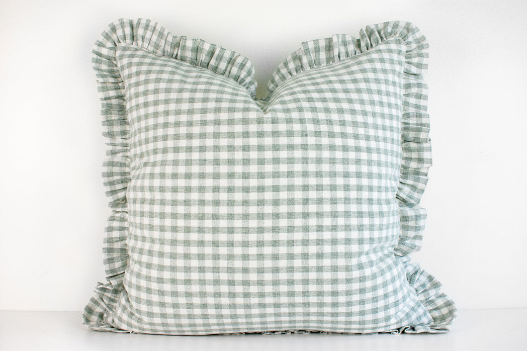Hmong Organic Woven Pillow - Ruffle Edge Gingham - Sage and Ivory
