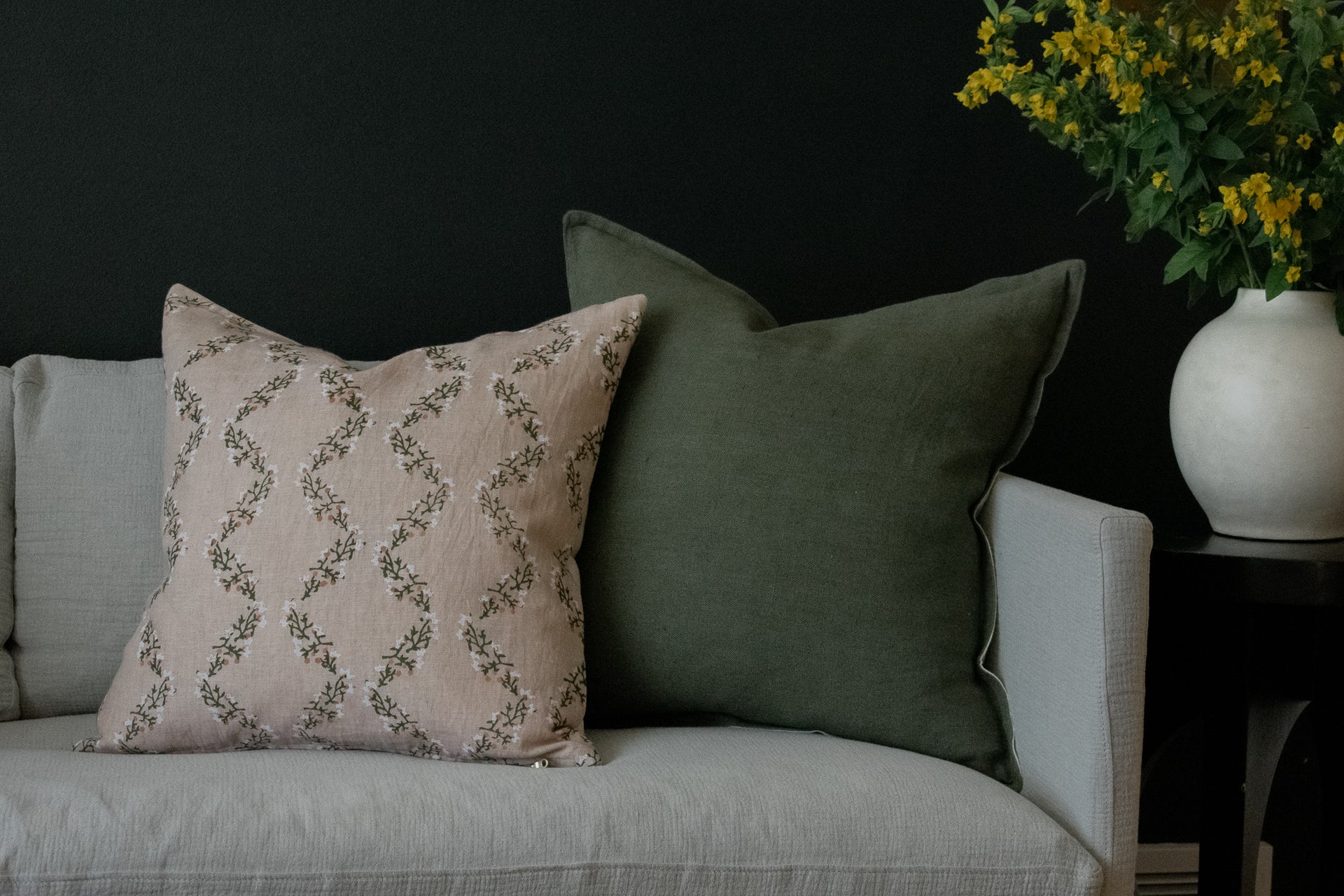 Indian Block Print Pillow Cover - Faded Blush, Olive, Ivory Scalloped Florals