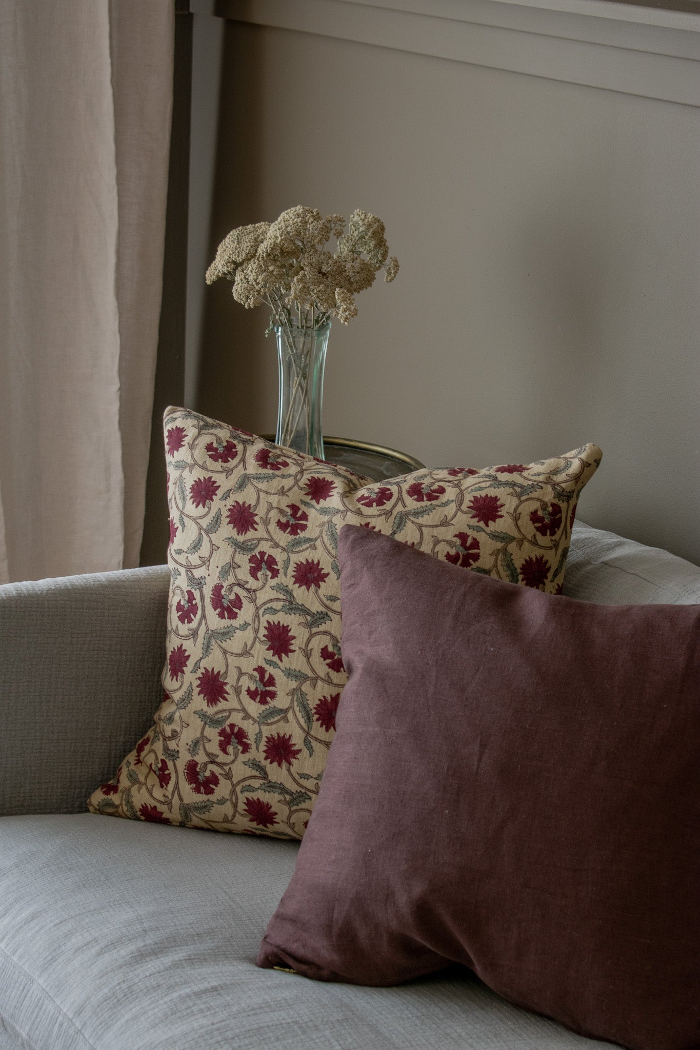Rowan Indian Block Print Pillow Cover - Antique Ivory, Wine, Sage, Mushroom