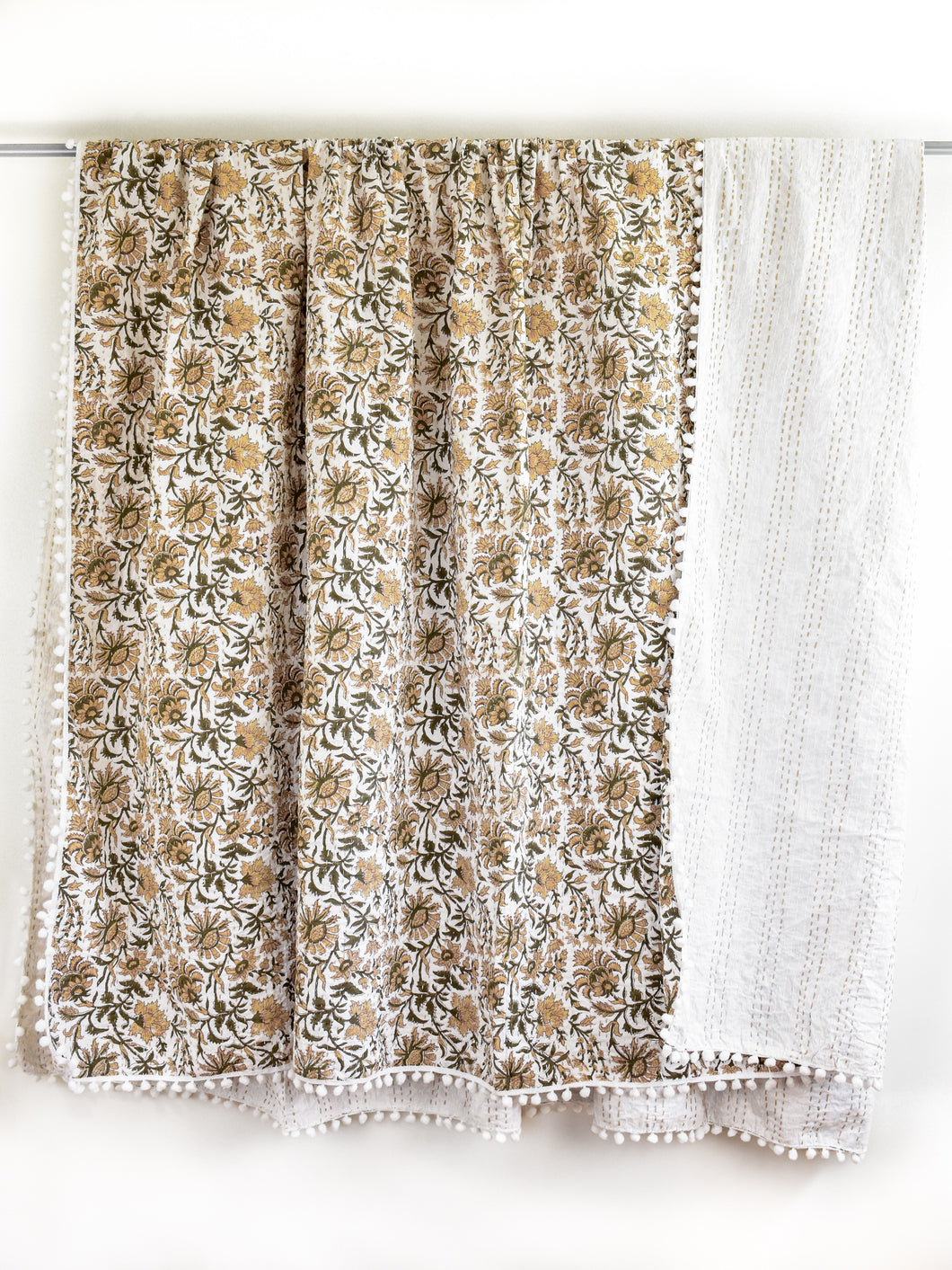 *Pre-Order* Ella Pom Pom Kantha Quilt in Olive, Tan and Faded Gold - King/Queen Sized