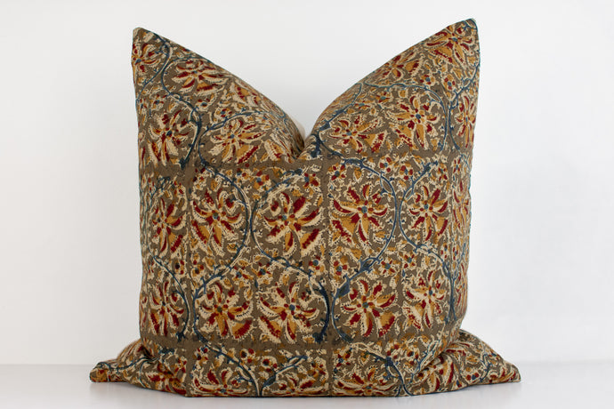 Indian Block Print Pillow - Olive Brown, Indigo, Rust, Ochre