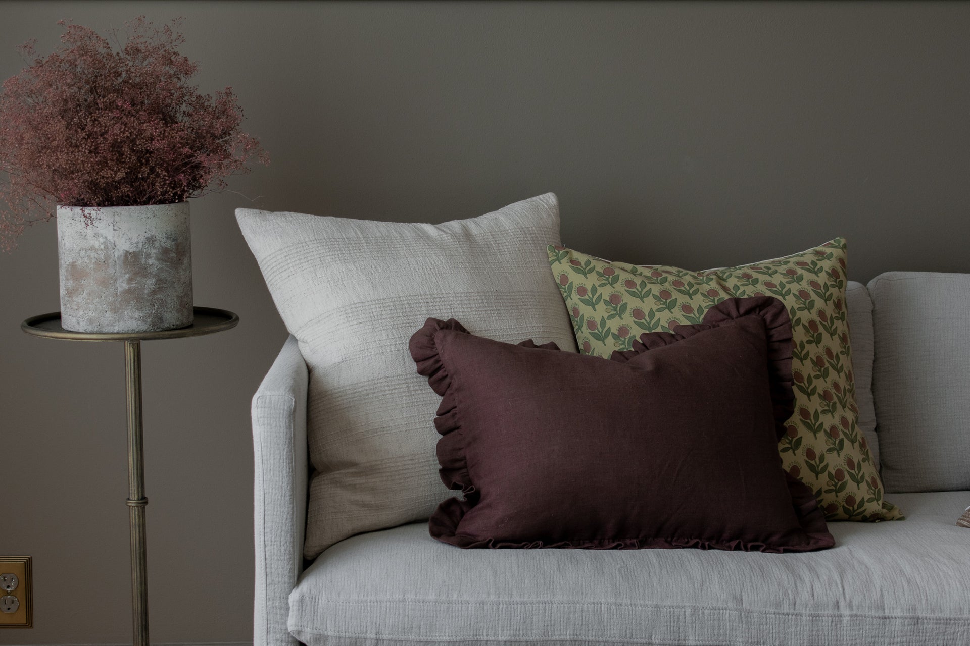 Indian Block Print Pillow Cover - Straw, Sage, Mauve