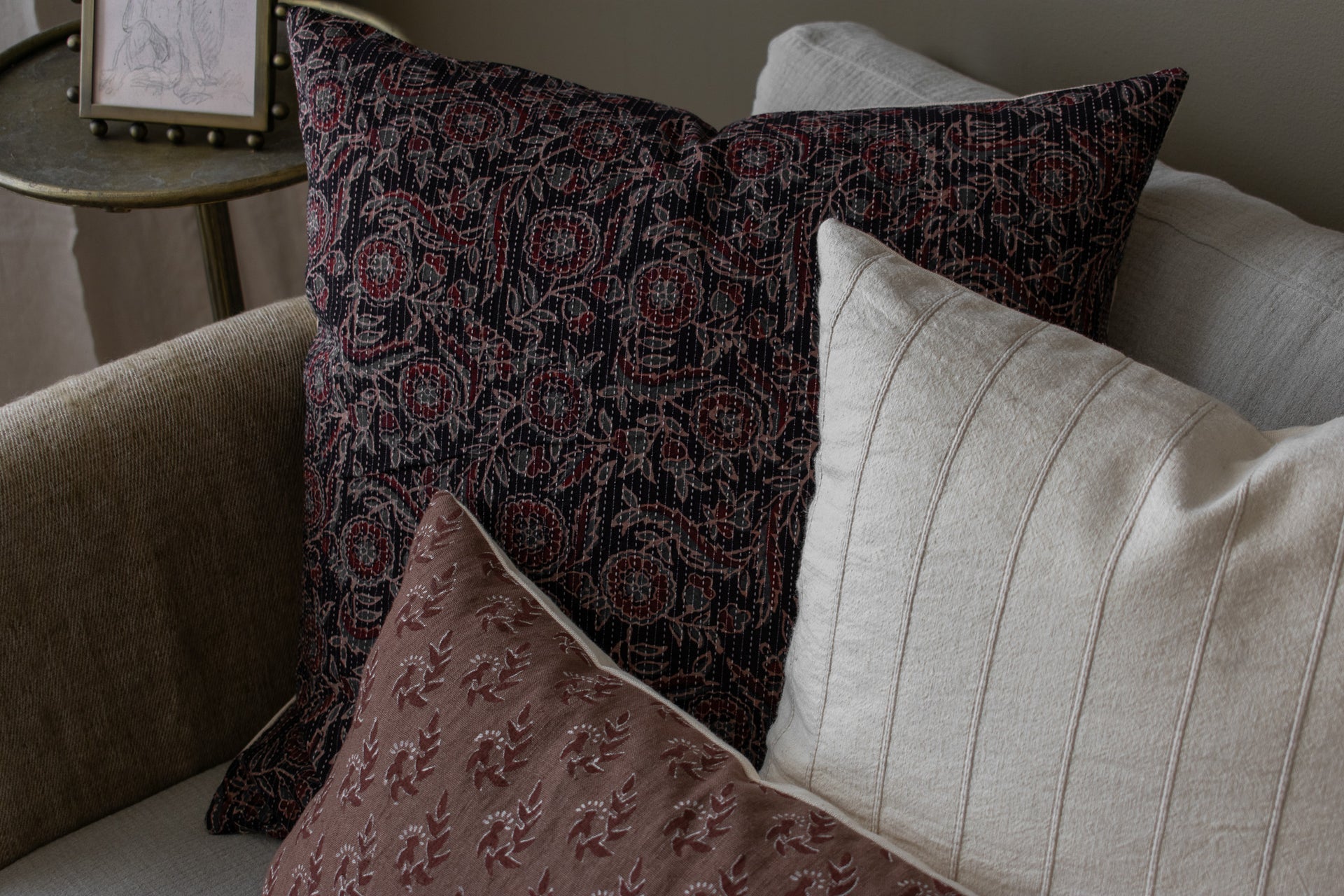 Vintage Indian Block Print Pillow Cover - Indigo, Slate Blue, Burgundy