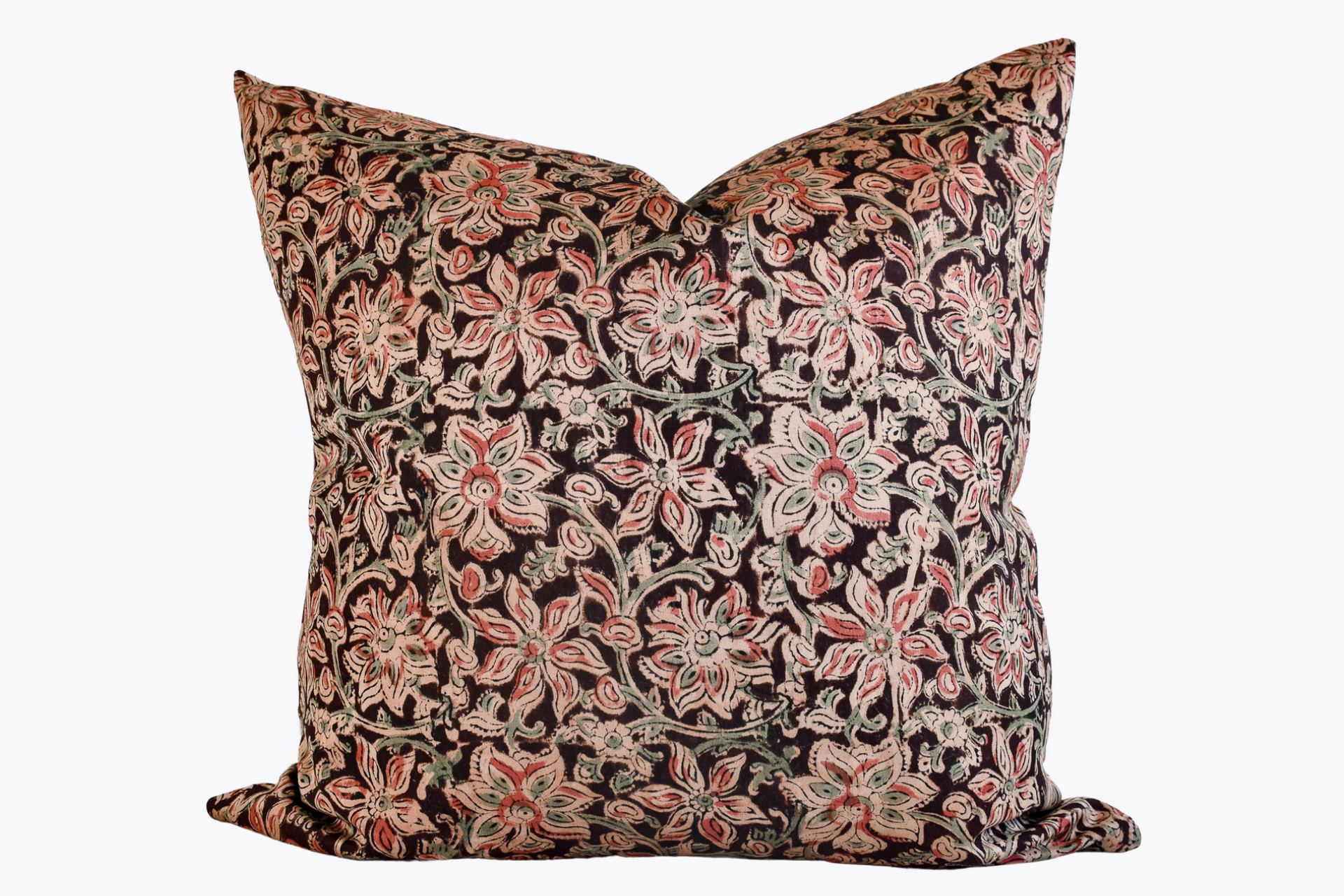 Indian Block Print Pillow Cover - Dark Chocolate, Rose, Sage