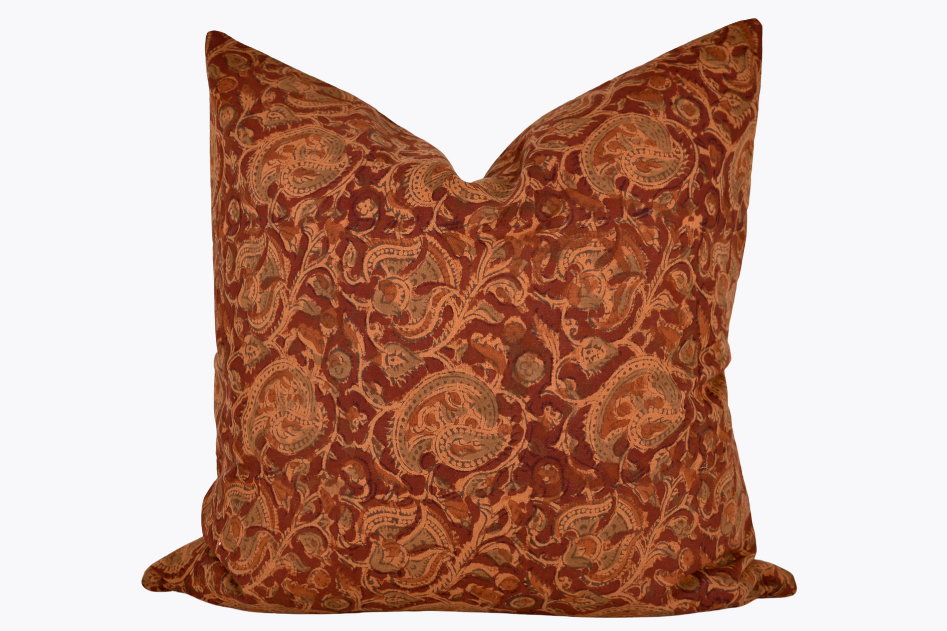 Indian Block Print Pillow Cover - Deep Rust and Olive