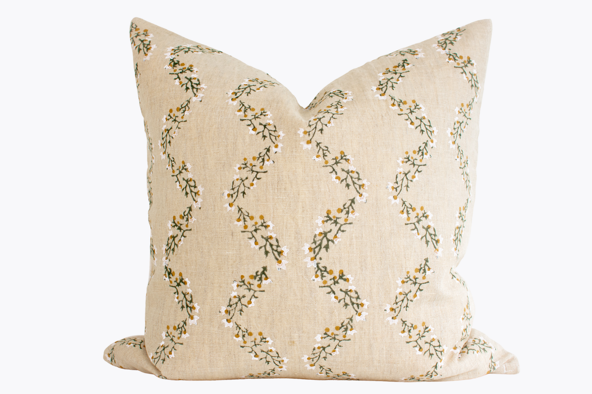 Indian Block Print Pillow Cover - Faded Gold, Olive, Ivory Scallop