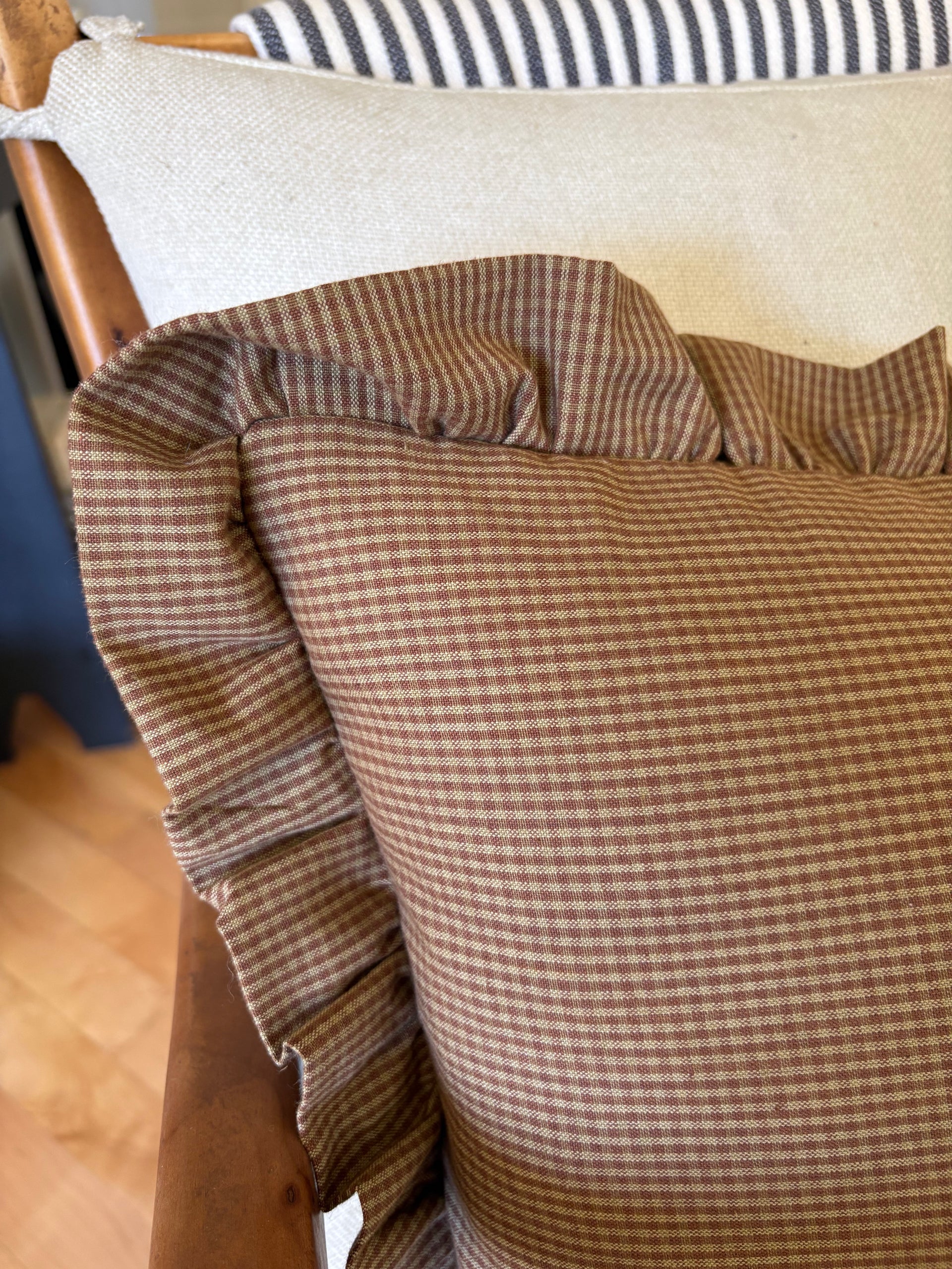 Ruffle Edge Mini Gingham Lumbar Pillow Cover - Copper Brown and Beige