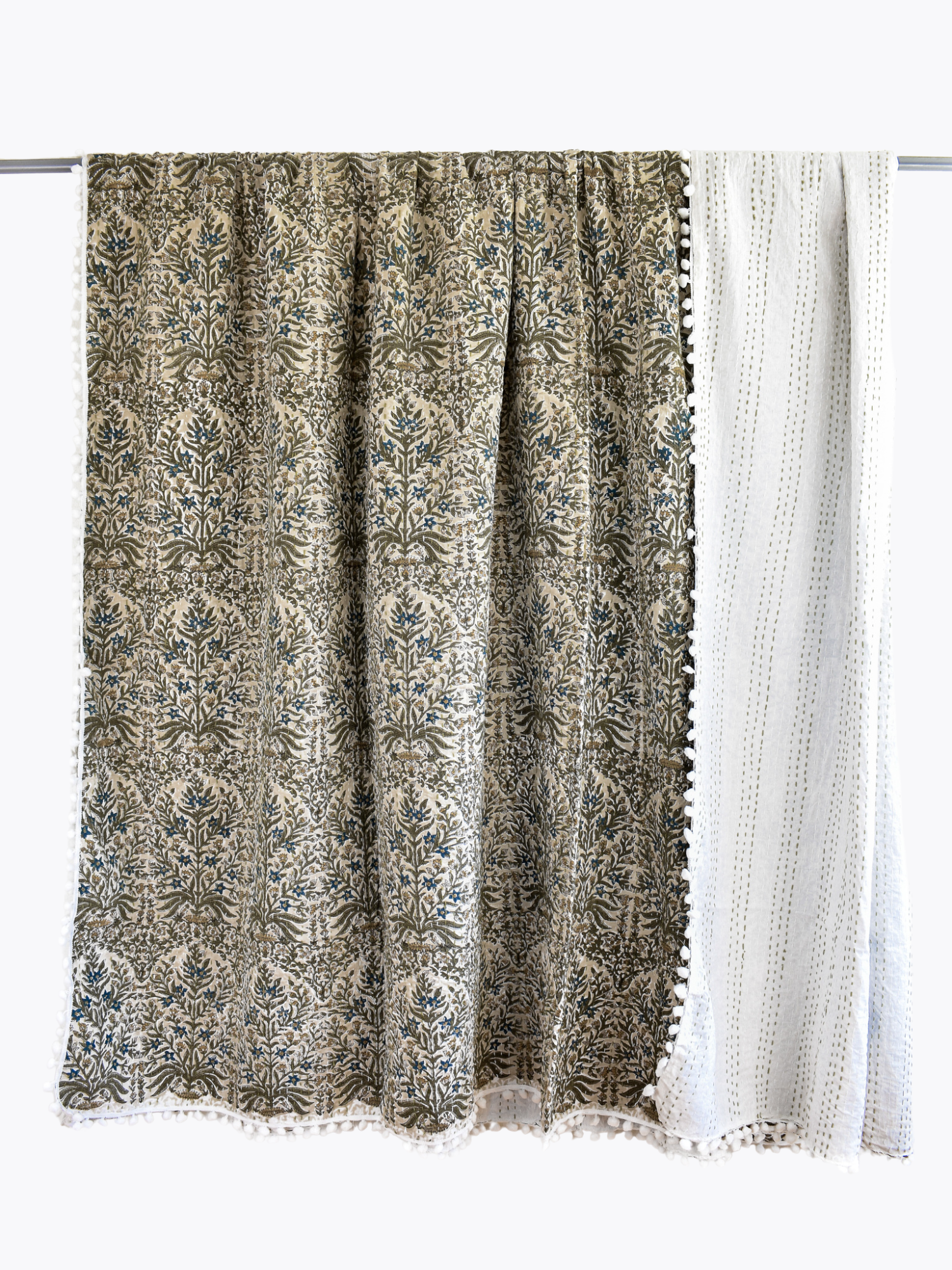 PRE-ORDER Lucy Pom Pom Kantha Quilt in Beige, Olive, Ochre and Indigo - King/Queen Sized