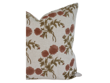Indian Block Print Pillow Cover - Natural, Flax, Rust, Olive Brown Floral