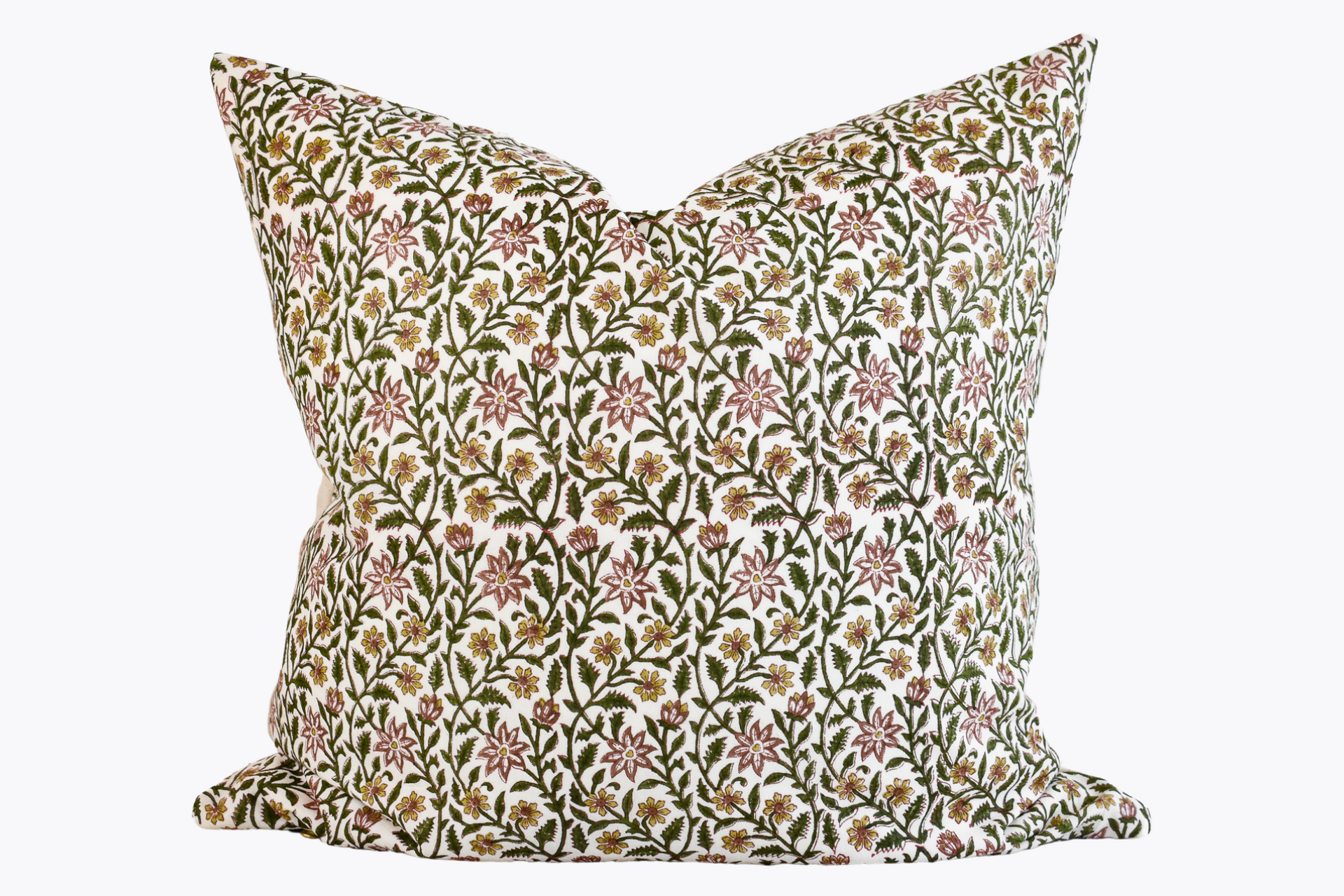 Indian Block Print Pillow Cover - Olive, Ochre, Dusty Rose