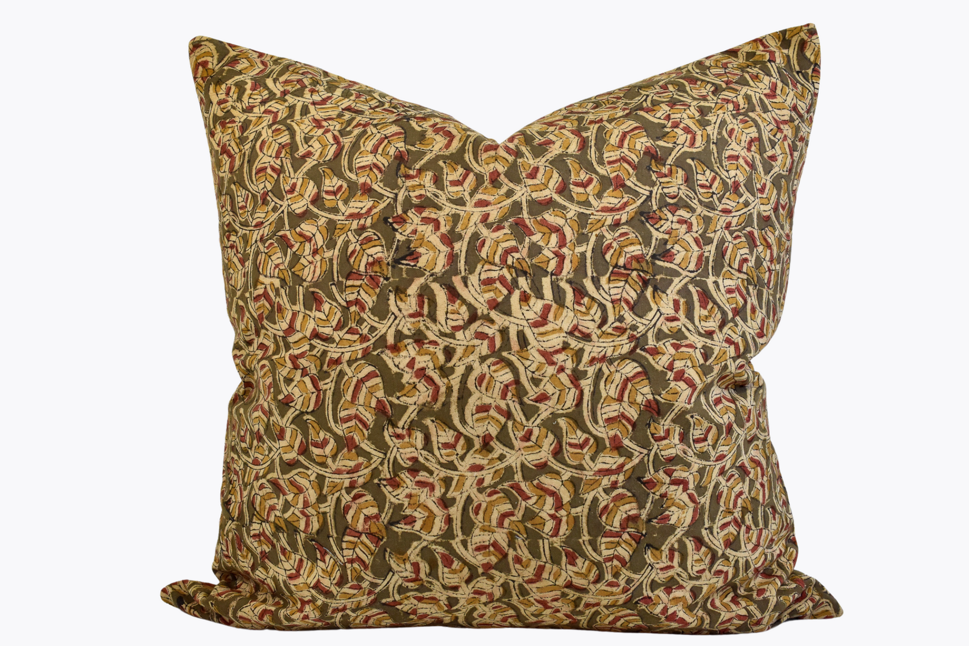 Indian Block Print Pillow Cover - Olive, Ochre, Rose